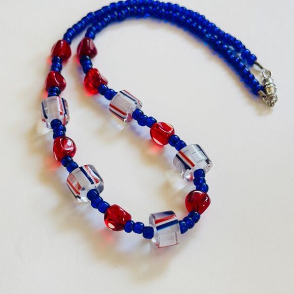 VTG Art Glass beaded collar Necklace Blue red translucent beads Lamp work rare - Picture 4 of 7